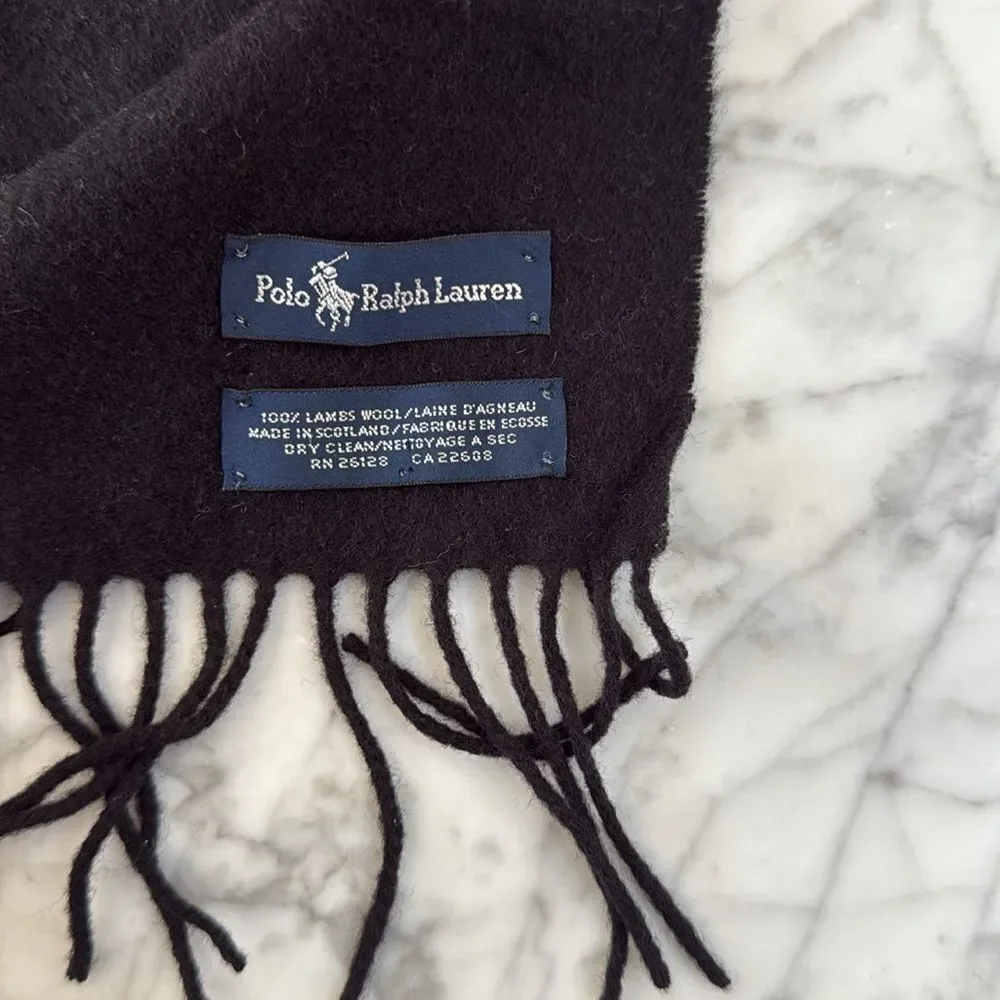 Polo Ralph Lauren 100% Lambs Wool Scarf Black Blue Embroidered